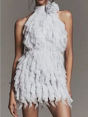 Maeve Frilled Rosette Halter Mini Dress color- Lavender